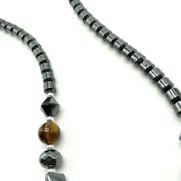 Men's/Unisex Hematite Beads & Lion's Head Pendant Necklace w/2 Cat's Eye Beads - Picture 11 of 14